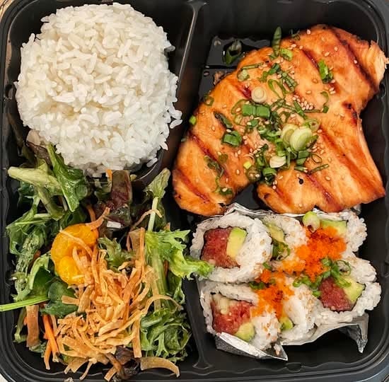 Teriyaki Salmon Combo with Sushi.